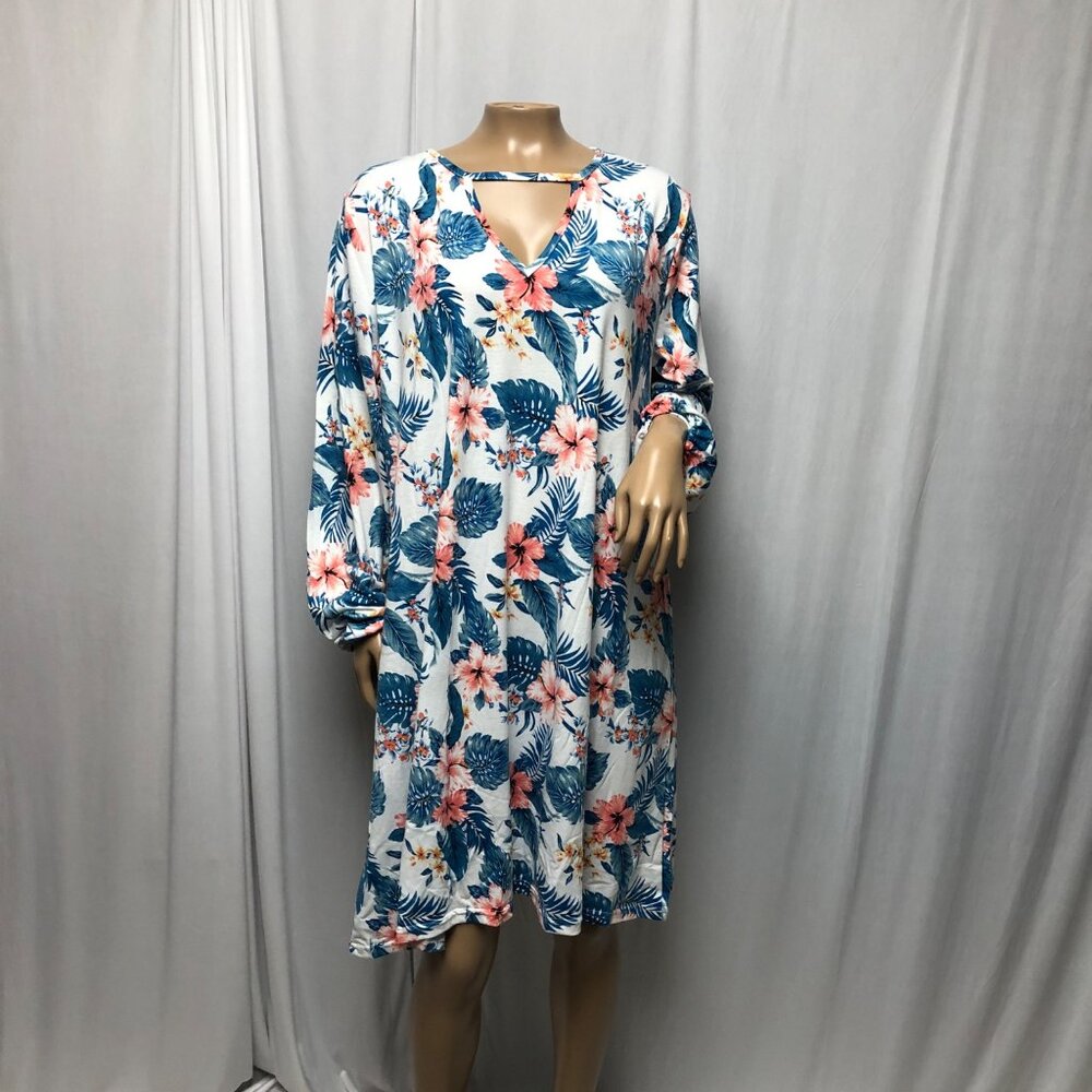 Zeagoo Dress Womens Sz XL White Green Pink Tropical Floral Long Sleeve Shift NEW